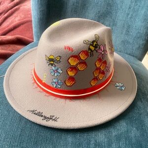 Gray Fedora Unisex Hat, Hand Painted and Embroidered.